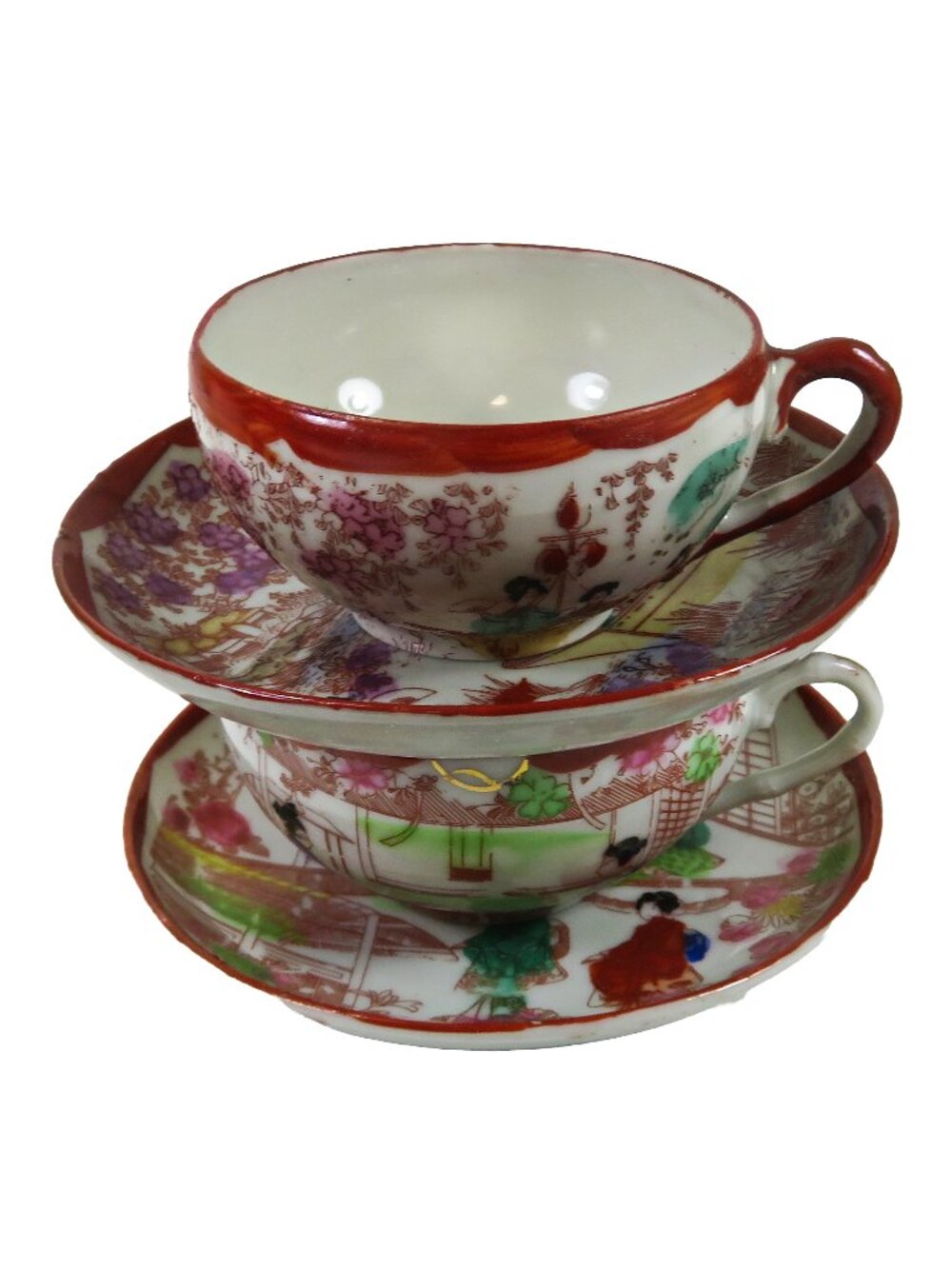 Two Vintage Hand Painted Japan Floral Geishas Coral Trim Cup & Saucer Sets